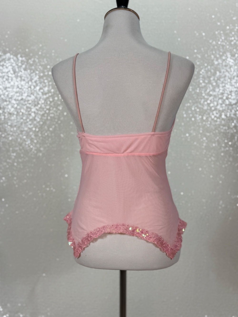 Y2K Pink Sheer Mesh Camisole Top Sequin Bow Lace Trim Fairycore Babydoll - Picture 4 of 12